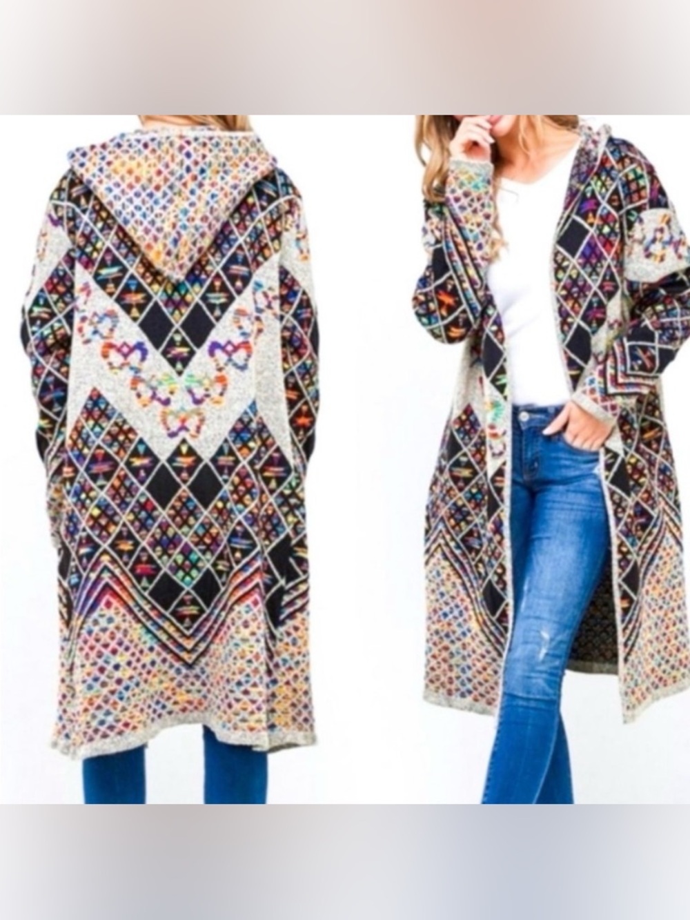 Pinklicious Women's duster sweater with hood in size Medium. Boho Aztec art